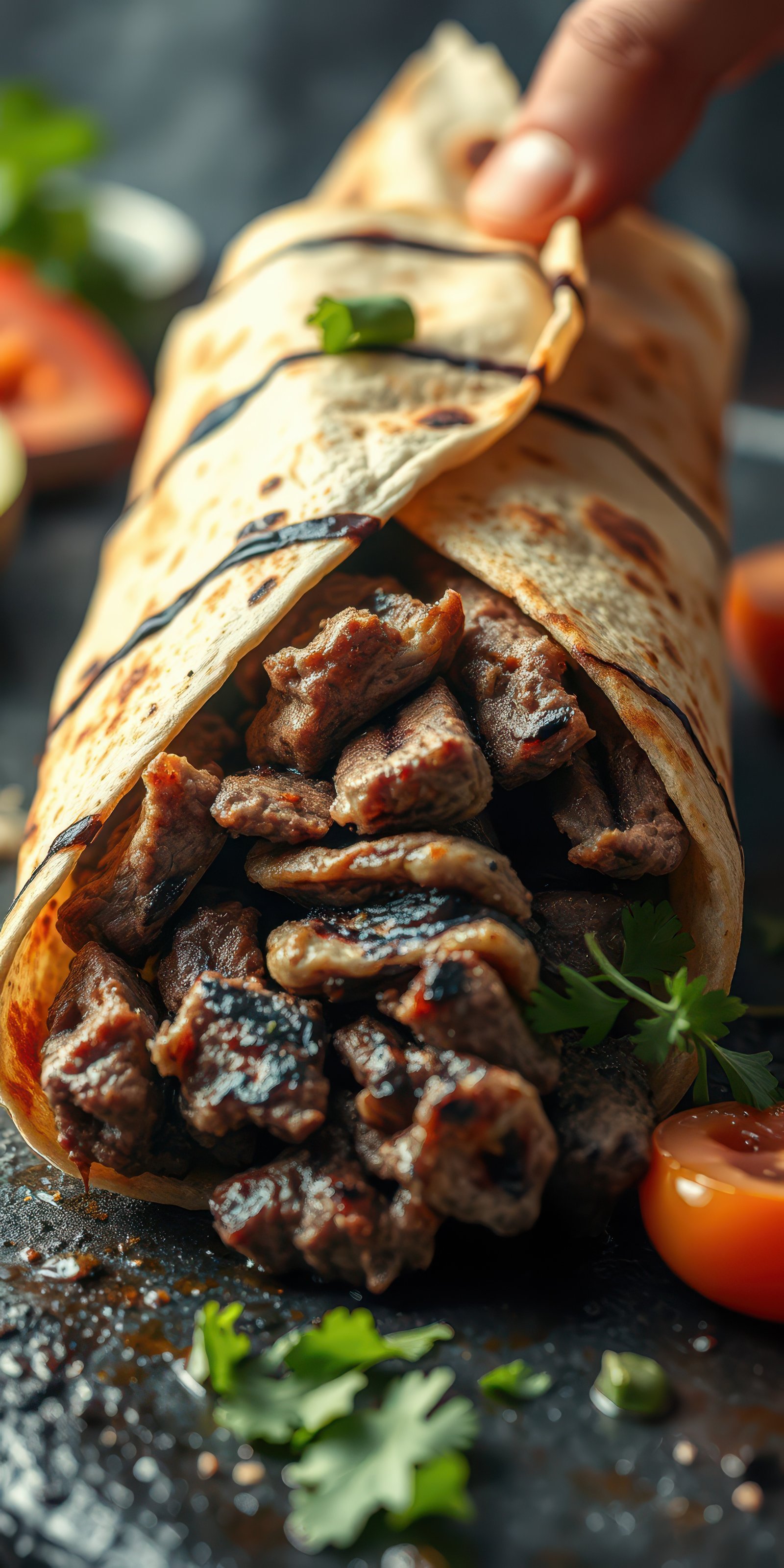 Grilled meat wrap filled with tender beef and fresh herbs served with cherry tomatoes on a dark slate plate